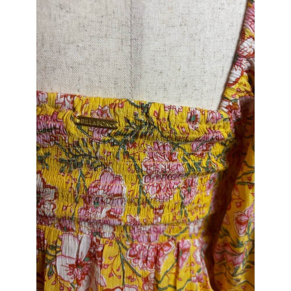 Billabong Mini Dress S Yellow Pink Floral Smocked NWT boho surf beach - Picture 7 of 8